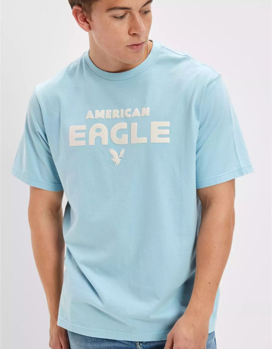 T Shirt Graphique American Eagle AE Super Soft Logo Bleu Clair Homme | DJK-66295661